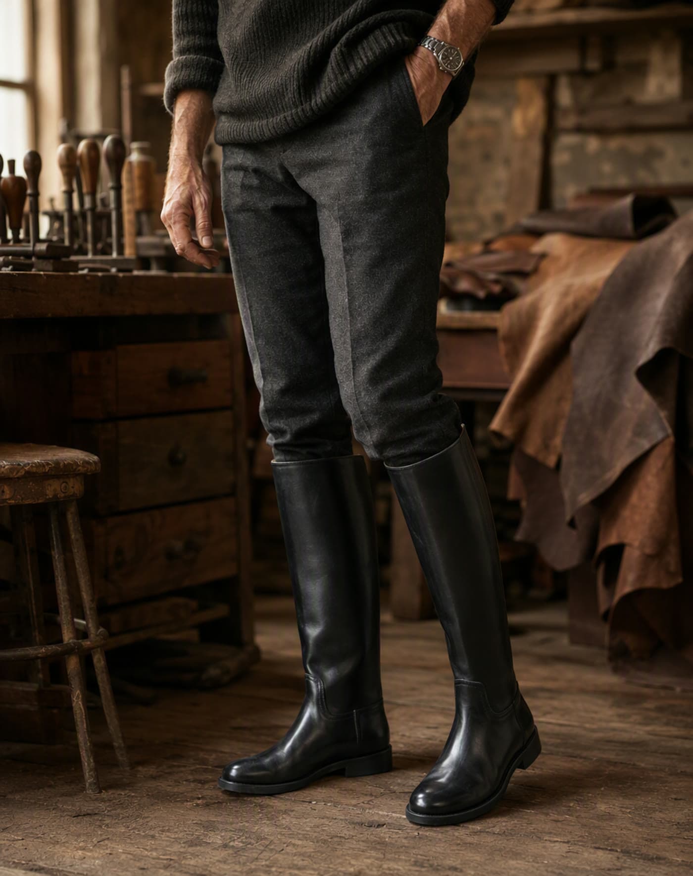 Bottes cuir mollet large sans zip, De l'atelier à vos pieds