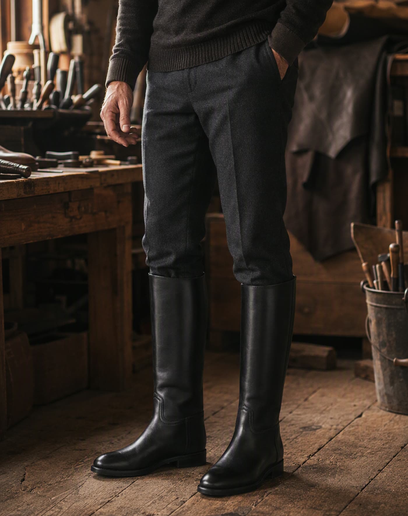 Bottes cuir mollet large à talon empilé, De l'atelier à vos pieds