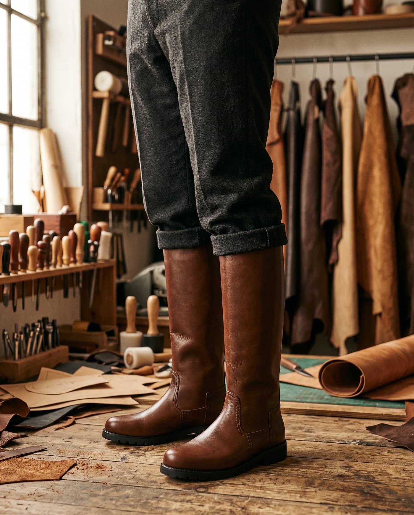 Bottes cuir cognac mollet large, De l'atelier à vos pieds