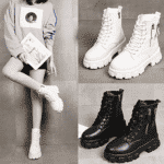 Photo en collage d'une femme portant un sweat et des bottes blanches avec un magazine à la main. Deux photos de bottes rangers fourrées blanches et noires
