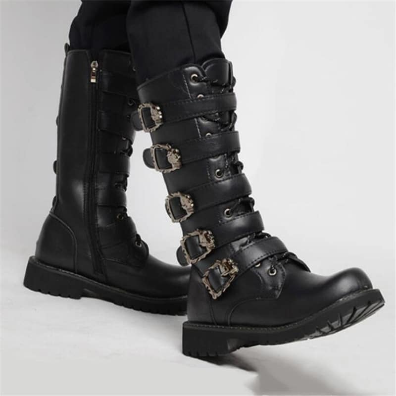 Bottes gothiques noires avec boucles de ceinture Punk pour homme et femme