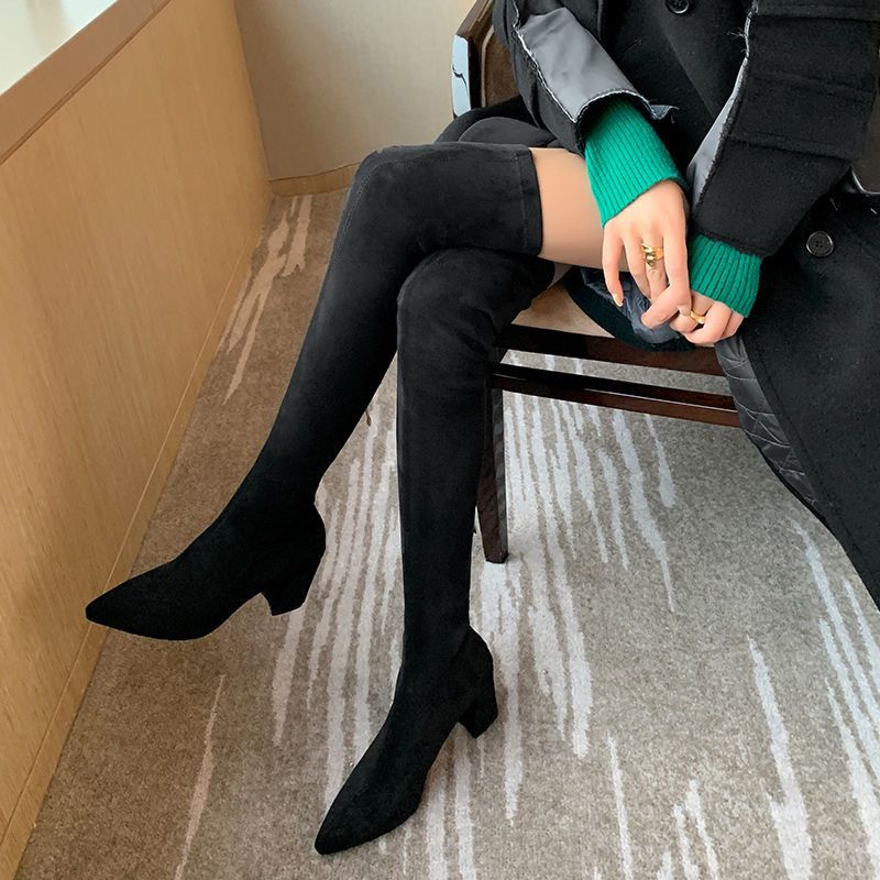 Bottes cuissardes en faux daim pour femmes - Noir