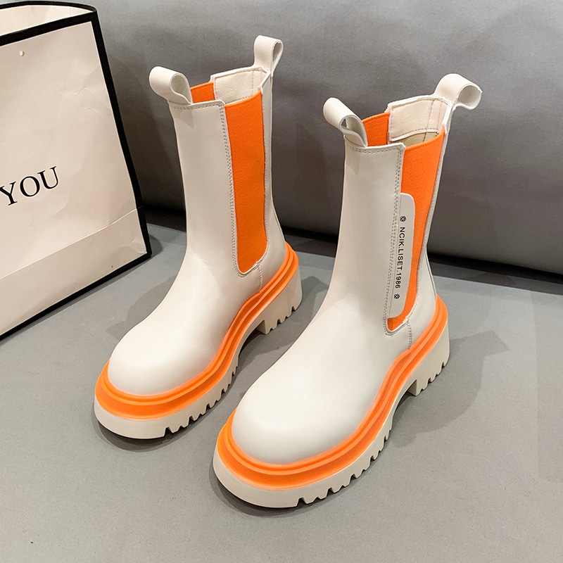 Bottes mi-mollet à semelle épaisse orange pour femme