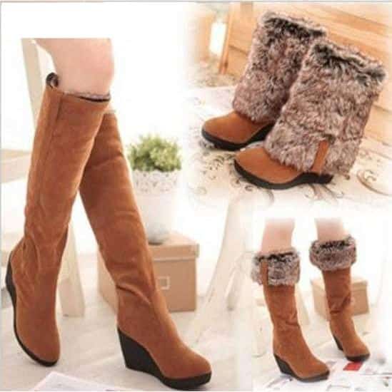 Bottes chaudes en daim et fausse fourrure à talons compensés