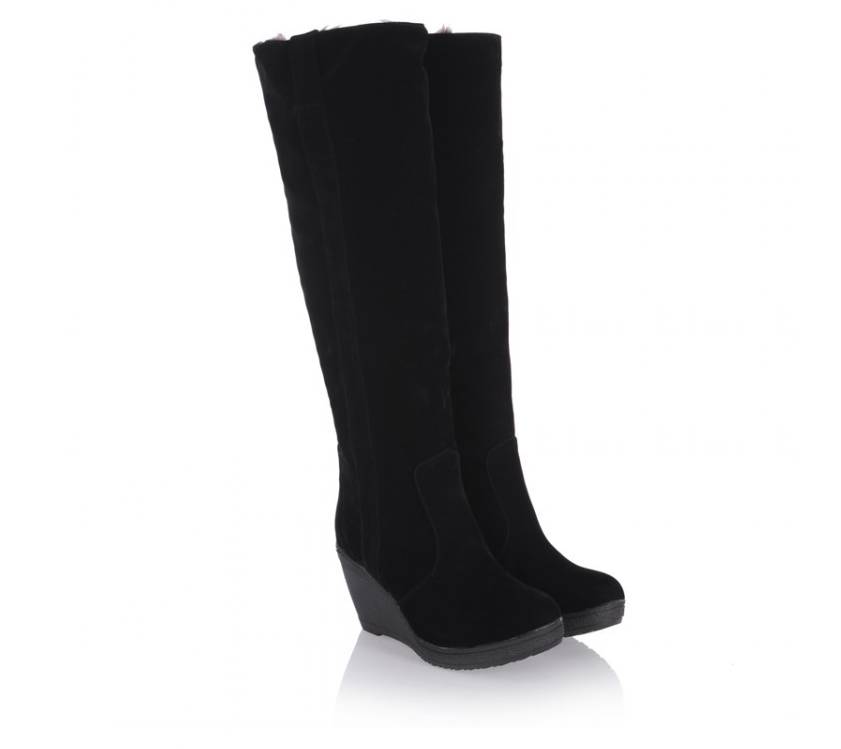 Bottes chaudes en daim et fausse fourrure à talons compensés - Noir