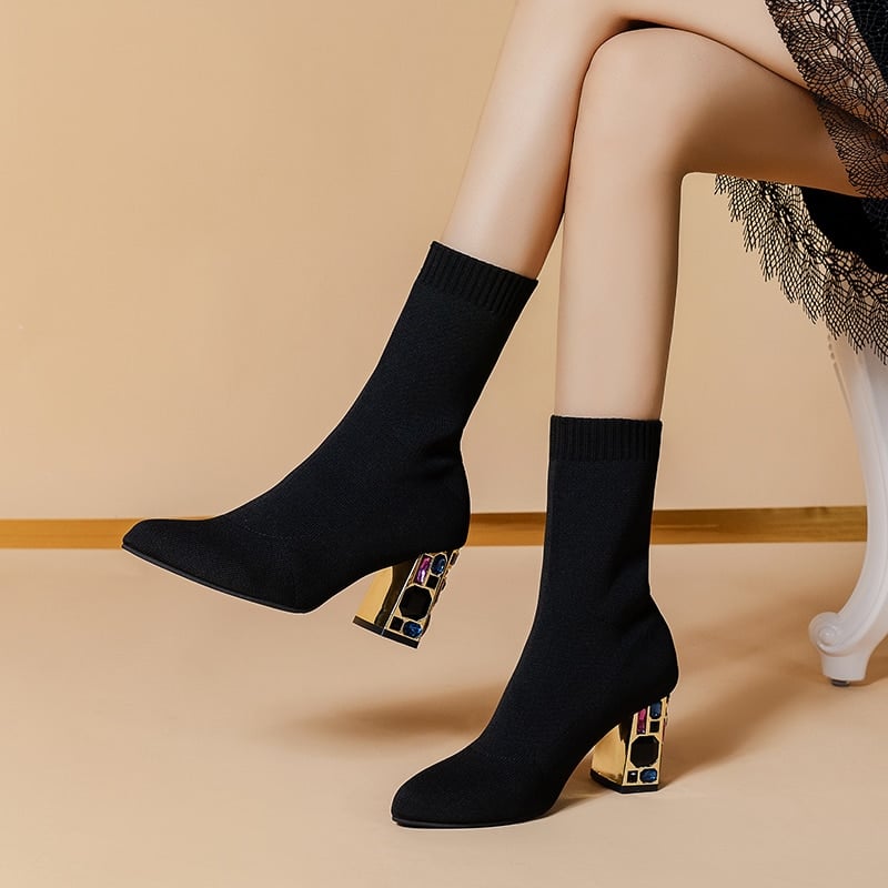 Bottes à talons carrés bijoux fantaisies en tissu