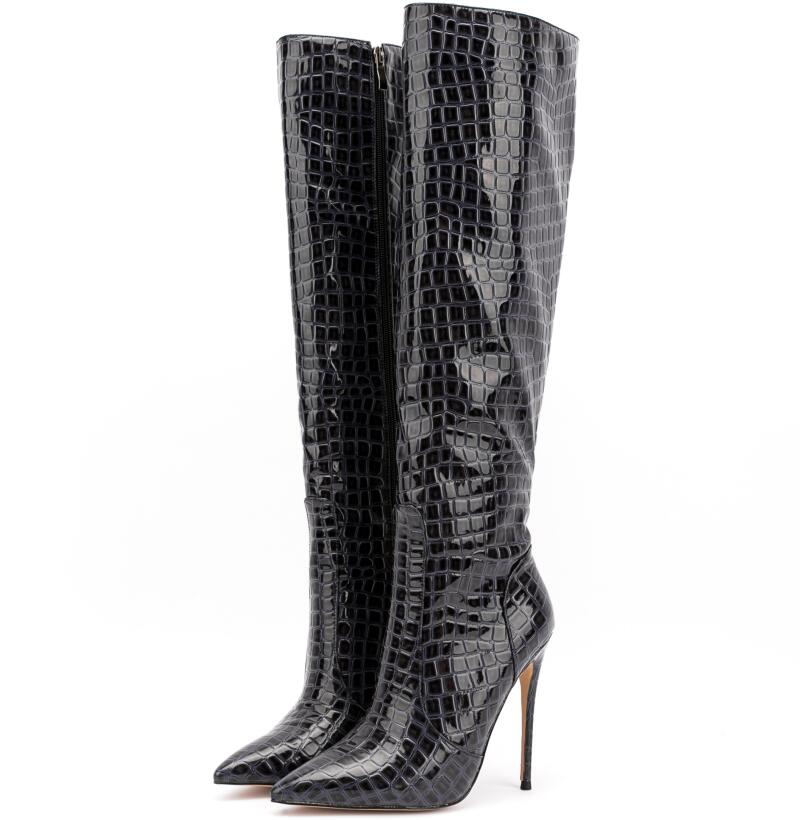 Bottes vernies avec imprimé crocodile pour femme - Noir