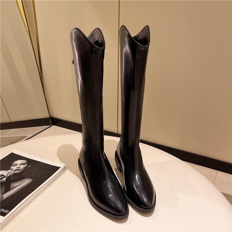 Bottes hautes à bout pointu en cuir femme - Noir