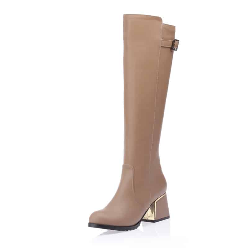 Bottes cavalières chaudes fourrées avec talons carrés - Beige