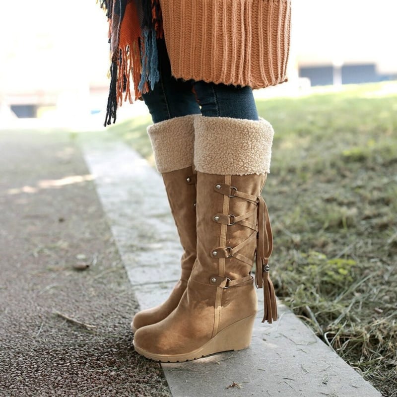 Bottes d'hiver compensées fourrées en coton chaud