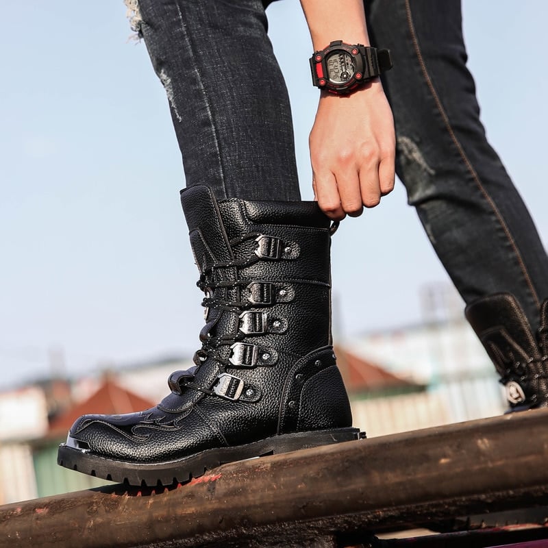 Bottes larges en cuir pour hommes - Noir