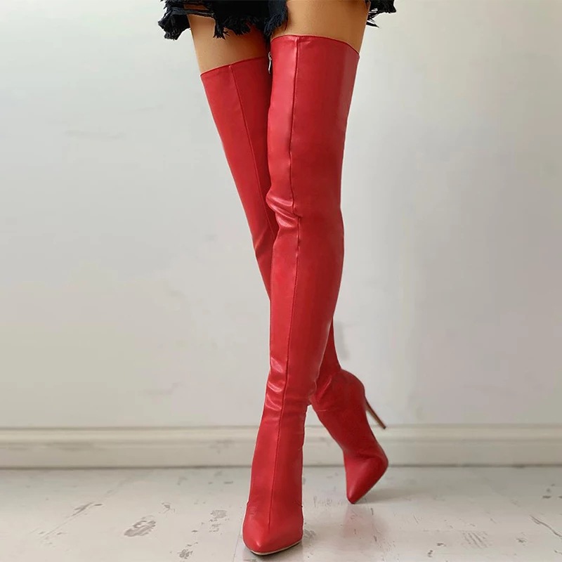 Bottes cuissardes bout pointu à talons aiguilles - Rouge