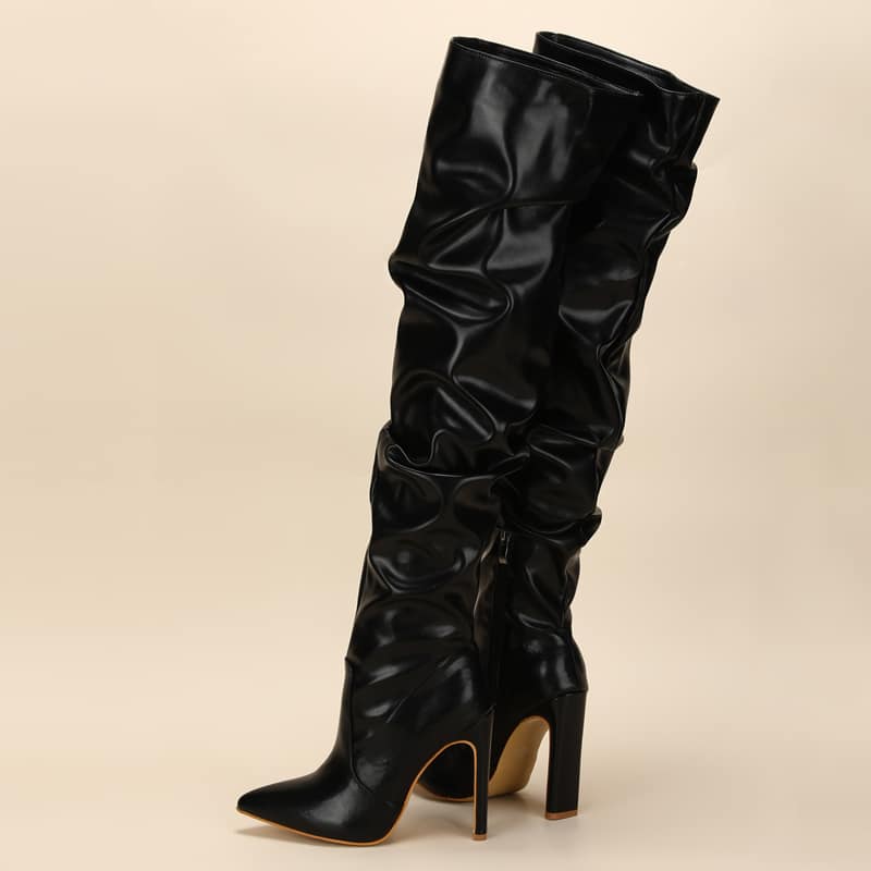 Bottes bout pointu effet plissé à talon - Noir