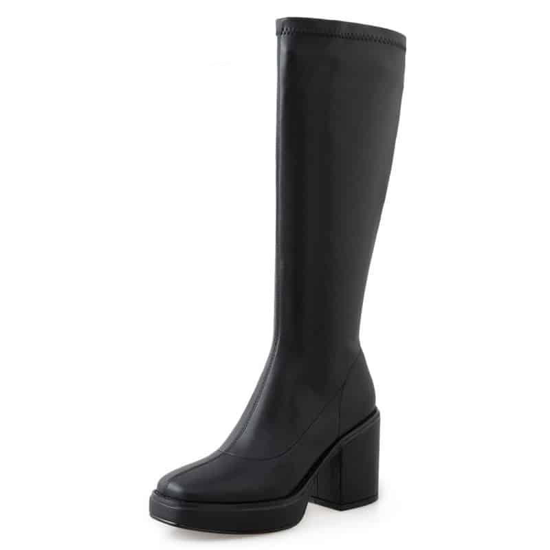 Bottes en cuir talon carré avec plateforme - Noir