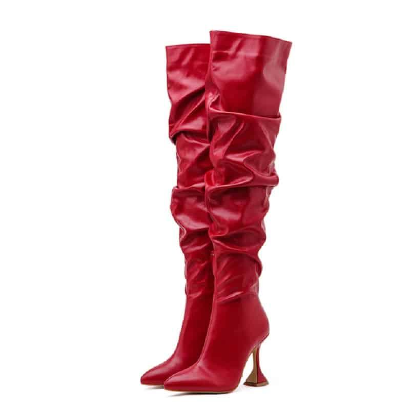 Bottes plissée cuissarde avec talon bobine original pour femme - Rouge