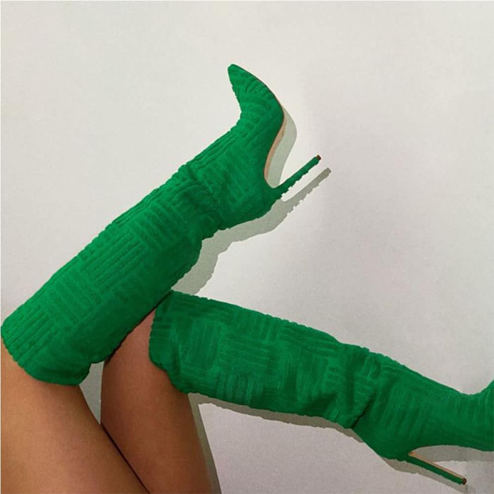 Bottes hautes à talons aiguilles bout pointu en textile imprimé pour femme - Vert