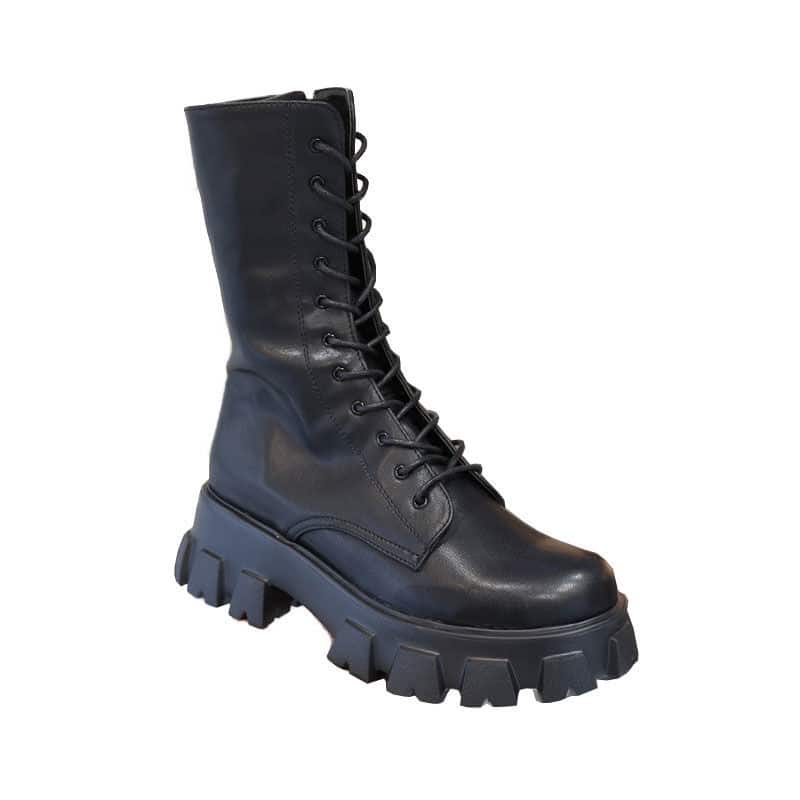Bottes mi-hautes à lacets et fermeture éclair pour femme - Noir