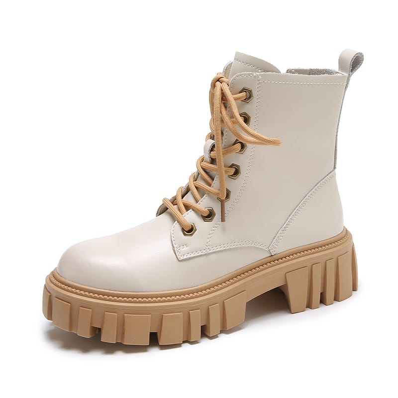 Bottines mi-hautes en cuir à lacets noirs femme - Beige