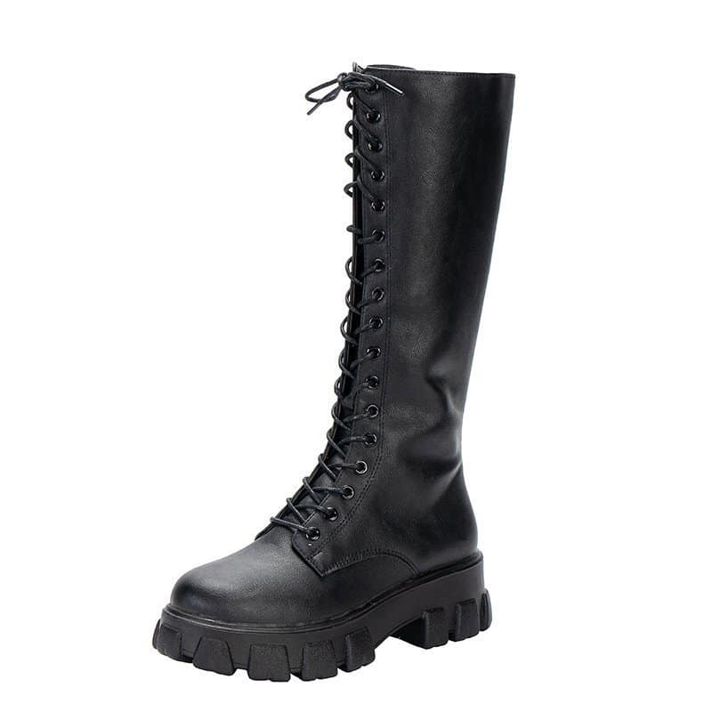 Bottes chunky hautes à plateforme et lacets croisés pour femme - Noir