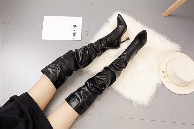 Bottes plissée cuissarde avec talon bobine original pour femme