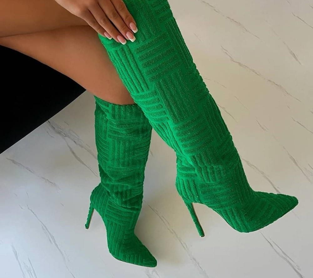 Bottes hautes à talons aiguilles bout pointu en textile imprimé pour femme