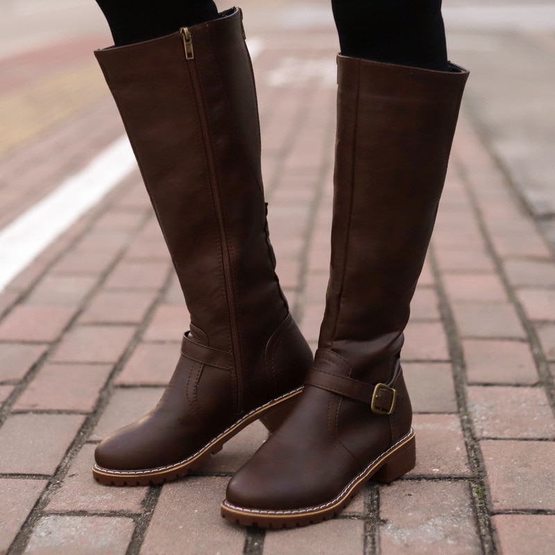 Bottes cuissardes à talons carrés marron pour femmes - Marron