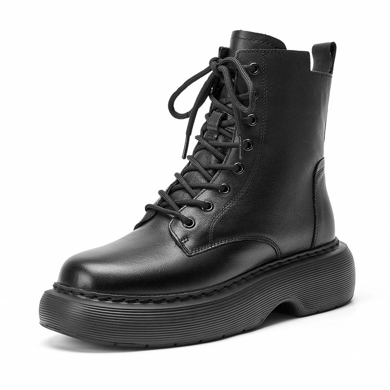 Bottes mi hautes en cuir à lacets - Noir