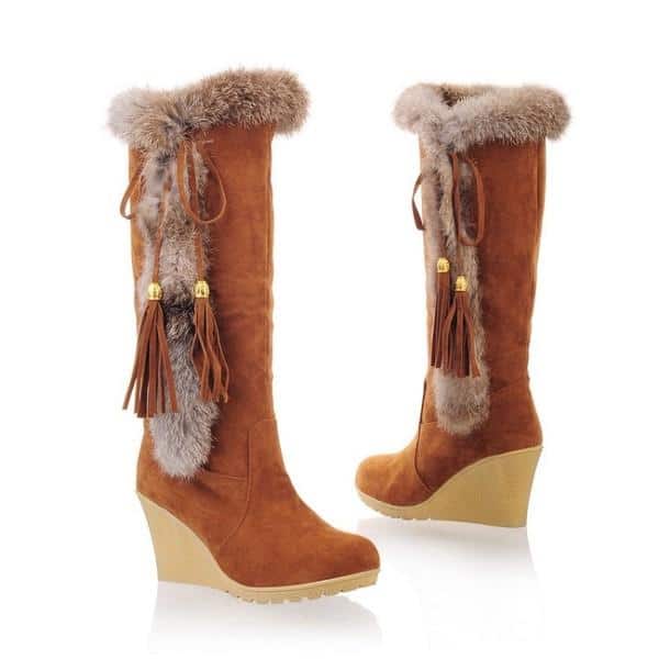 Bottes fourrées à talons compensés pour femmes - Marron