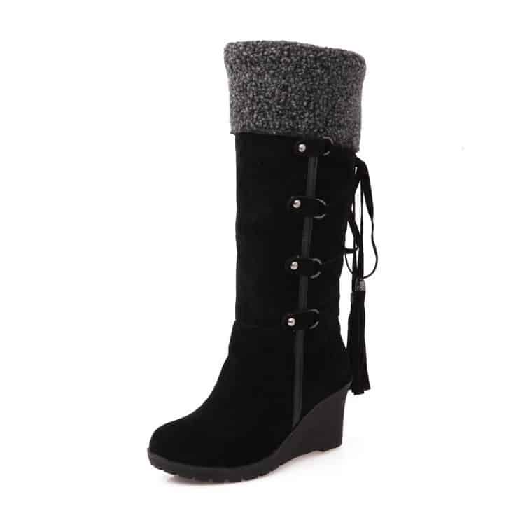 Bottes hautes fourrées à talons compensés pour femme - Noir