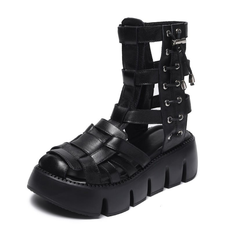 Sandales compensée noires style bottes mi-hautes été pour femme