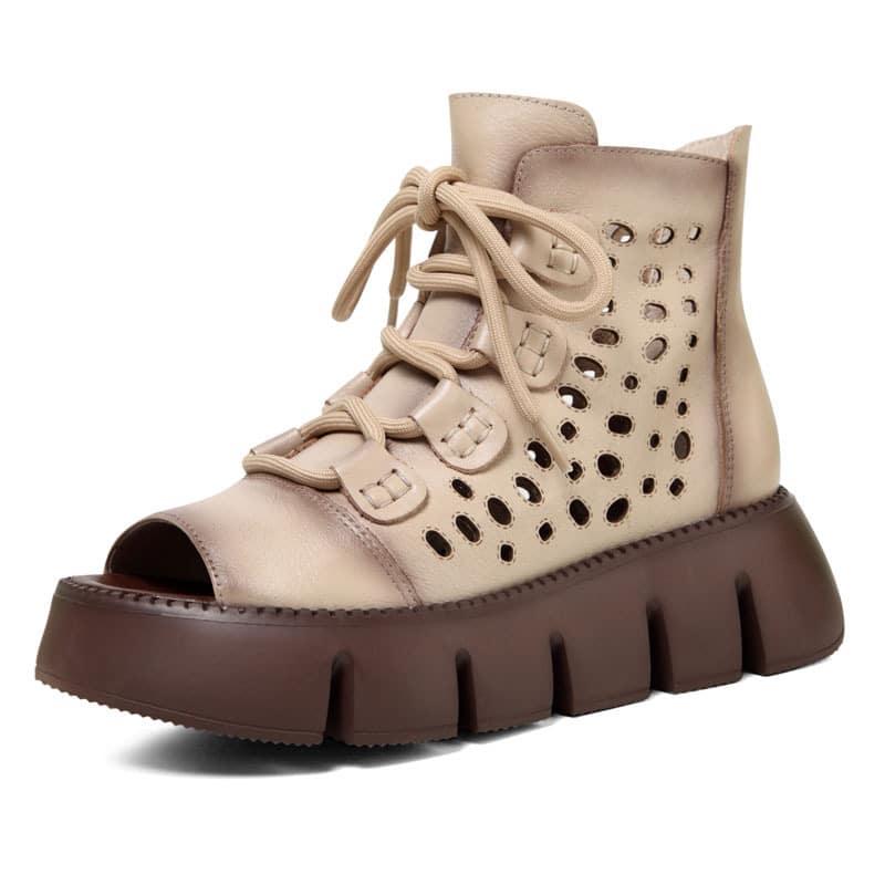Bottes d'été en cuir véritable pour femme - Beige