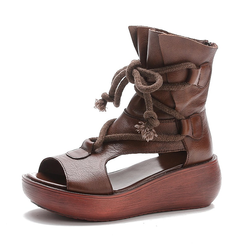 Bottes sandales d'été marrons en cuir véritable avec semelle compensée pour femme