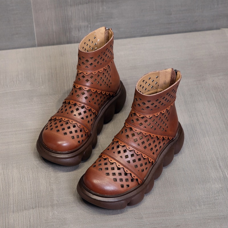 Bottes d'été en cuir véritable perforé pour femme - Blanc
