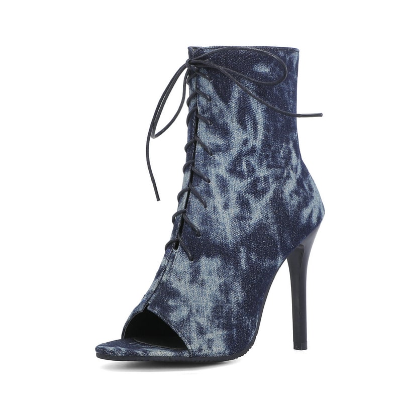 Sandales bottes d'été bleue délavées à talons hauts et lacets pour femme