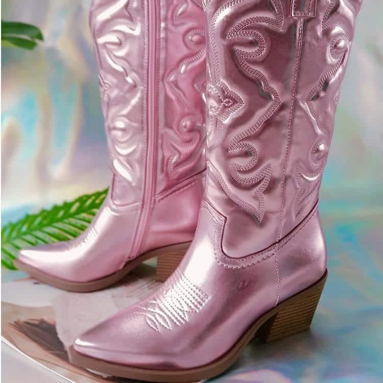 Bottes roses style santiag effet métallisé