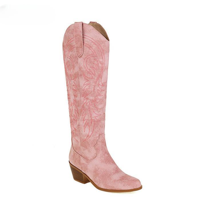 Bottes roses au genou brodées style santiag