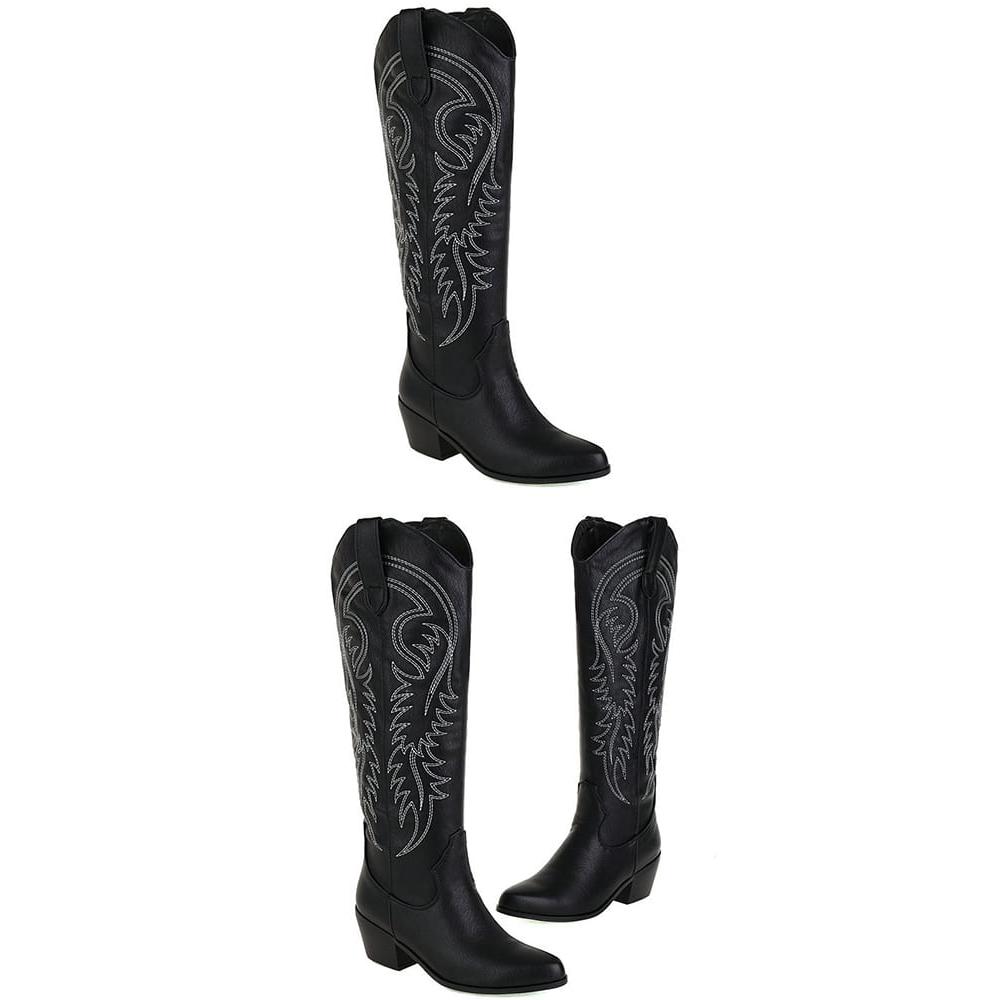 Bottes noires au genou brodées style santiag