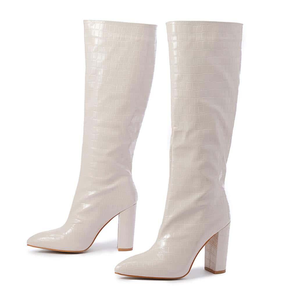 Bottes beiges effet croco brillant à talons hauts carrés