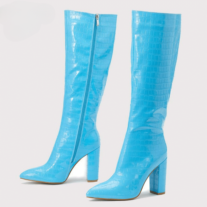 Bottes bleues effet croco brillant à talons hauts carrés