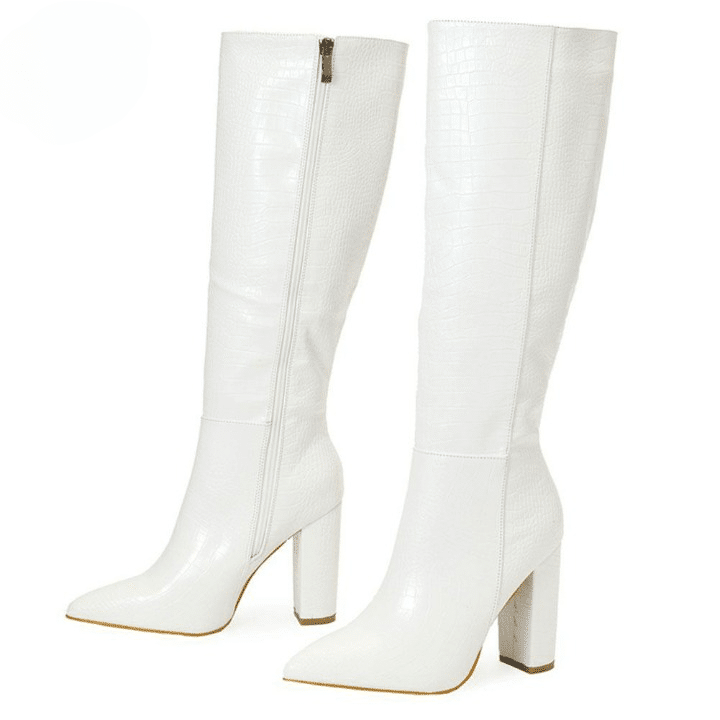 Bottes blanches effet croco brillant à talons hauts carrés