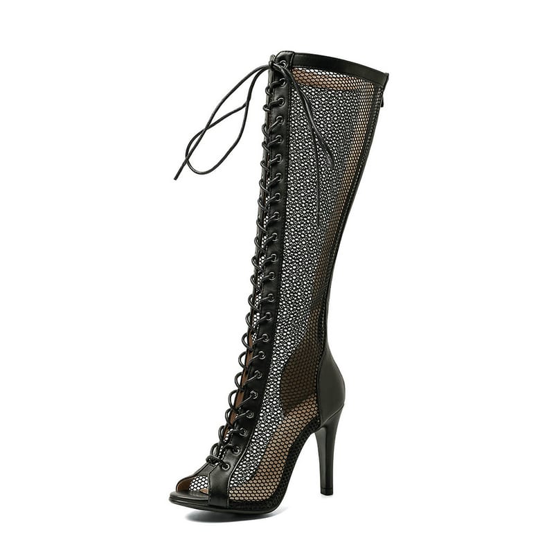Bottes d'été noires en maille ouverte à talons hauts avec lacets