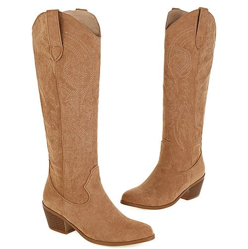 Bottes marrons au genou brodées style santiag