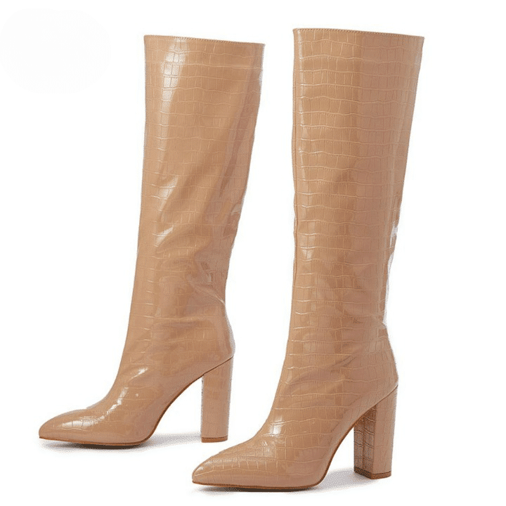 Bottes marrons effet croco brillant à talons hauts carrés