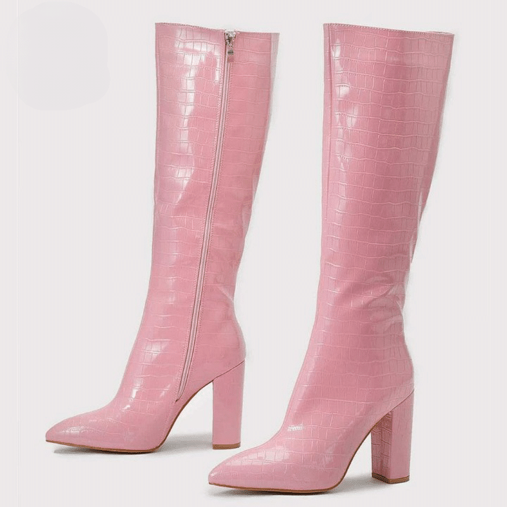 Bottes roses effet croco brillant à talons hauts carrés