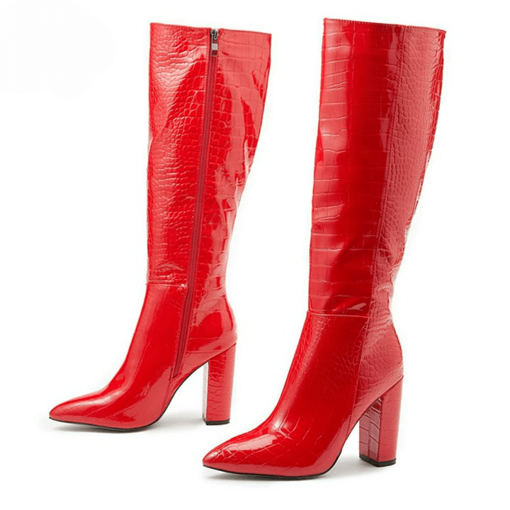 Bottes rouges effet croco brillant à talons hauts carrés
