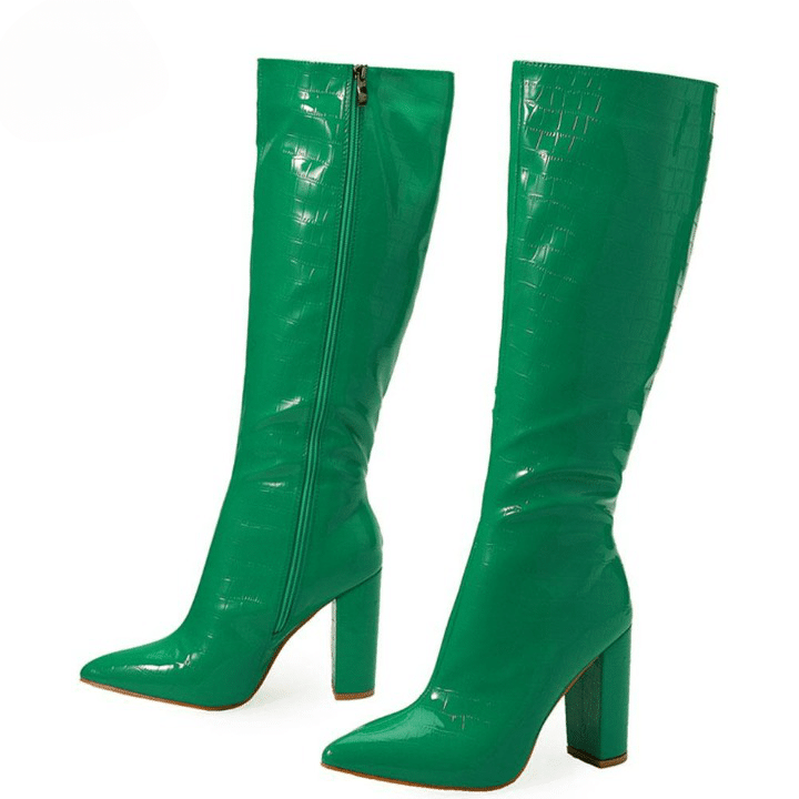 Bottes vertes effet croco brillant à talons hauts carrés