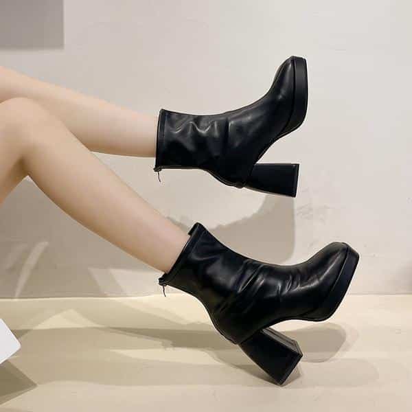 Bottes à talon femme élégantes avec talon carré - Noir
