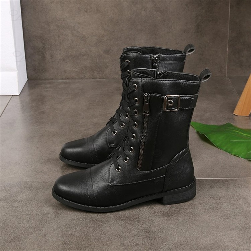 Bottes plates femmes style rétro montante - Noir