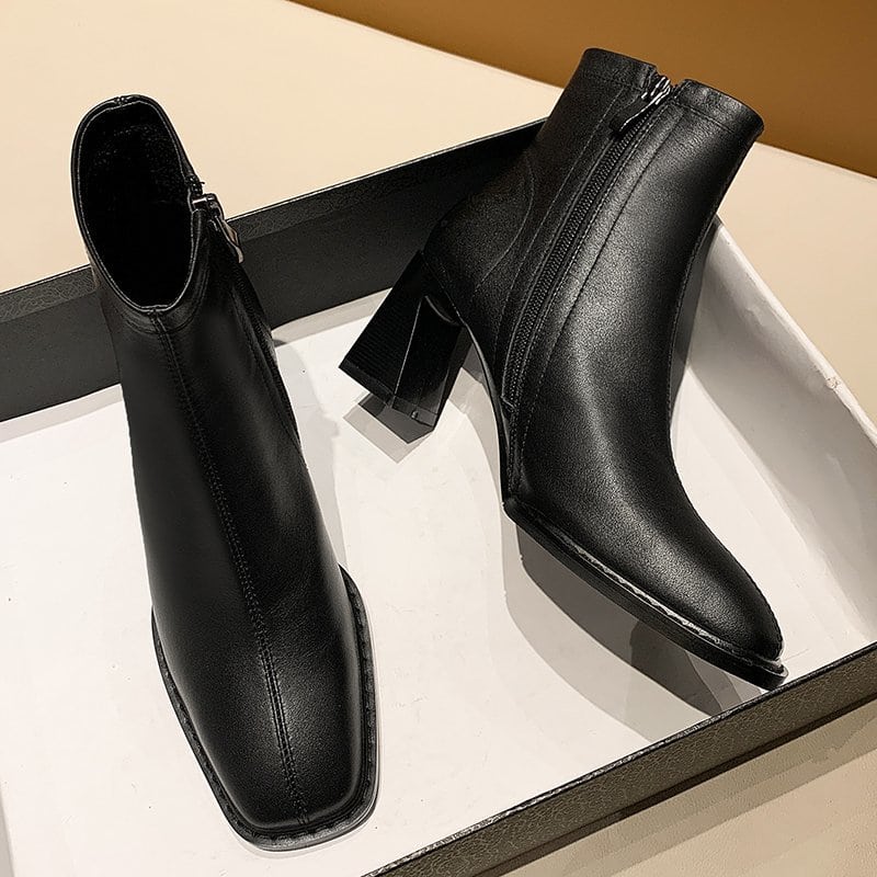 Bottines femme à bout et talon carrés - Noir
