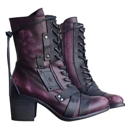 Bottines vintage à lacet et petit talon - Violet